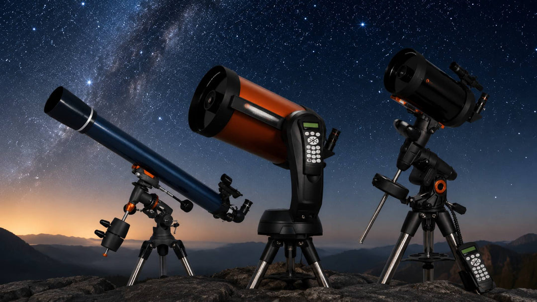 Best Telescopes for Beginners displayed under a starry night sky, featuring beginner-friendly refractor and computerized telescopes for stargazing and planet viewing.