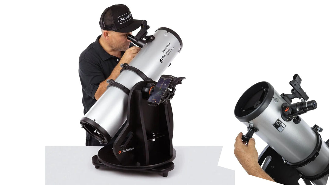 Celestron StarSense Explorer Dobsonian telescope with smartphone mount being used for stargazing and celestial observation.