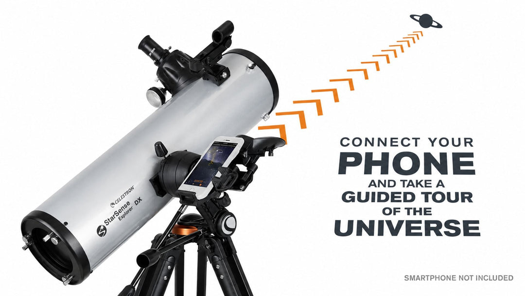 Beginner reflector telescope on a tripod with smartphone integration, showing the Celestron StarSense Explorer DX 130AZ for guided stargazing and astronomy exploration.