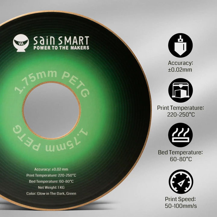 Glow-in-the-dark Green 1.75mm PRO-3 PETG Filament, 1kg by SainSmart.com