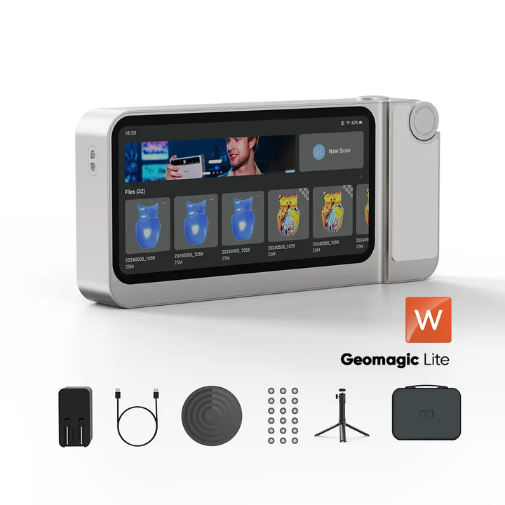Toucan 3D Scanner kit includes a handheld scanner with a touchscreen, accessories like a power adapter, USB cable, turntable, tripod, and Geomagic Lite software from 3DMakerPro.
