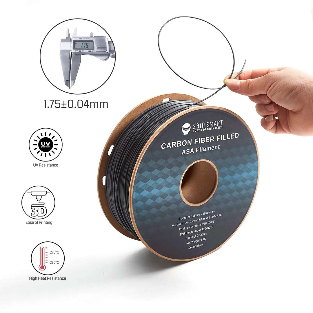 Carbon Fiber ASA Filament, 1.75mm Black, UV & Weather Resistant, Fit for Outdoor Functional Parts, 1kg, Accuracy +/- 0.04 mm by SainSmart.com