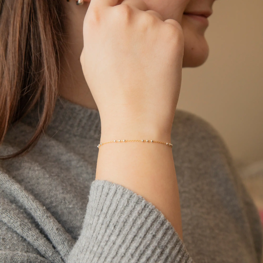 Chelsea Permanent Jewelry Chain, Cable Satellite Design with 2mm Silver Beads, Available in Yellow Gold-Filled by Sunstone Welders