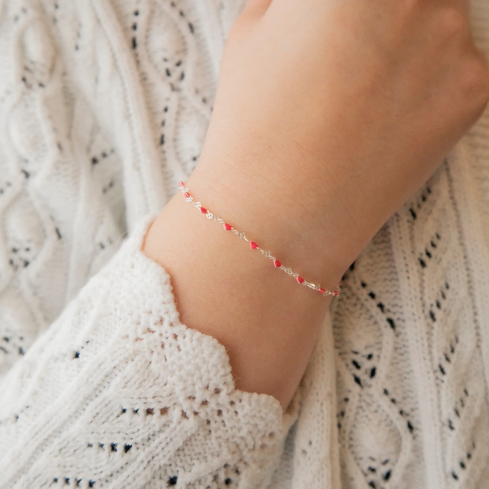 Natalie Permanent Jewelry Chain, Heart Links with Dark Rose Enamel, Available in Sterling Silver by Sunstone Welders