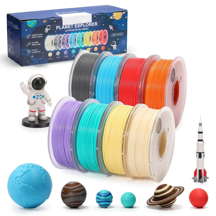 PLA Filament 1.75mm, Planet Explorer 8-Color Mini Spool Bundle, 250g Each, High-Speed PLA, +/-0.02mm Accuracy, Easy-to-Print, Compatible with Most FDM 3D Printers by SainSmart.com