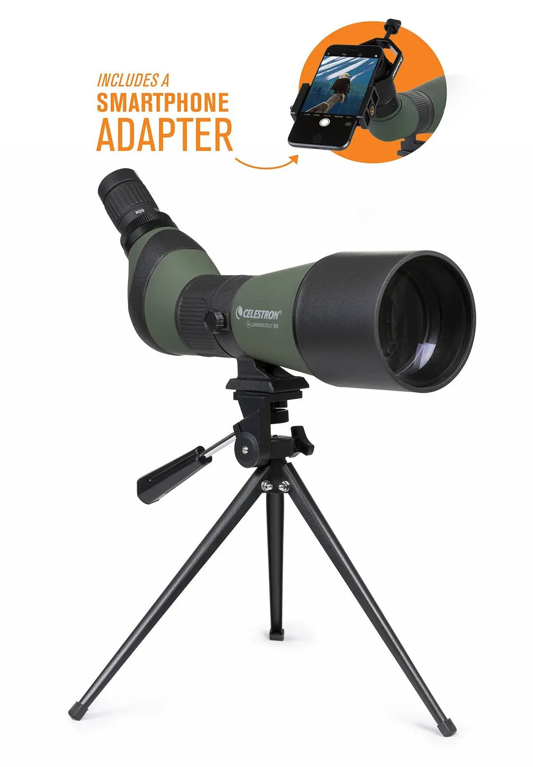 LandScout 20-60x80mm Angled Zoom Spotting Scope with Table-top Tripod and Smartphone Adapter by Celestron
