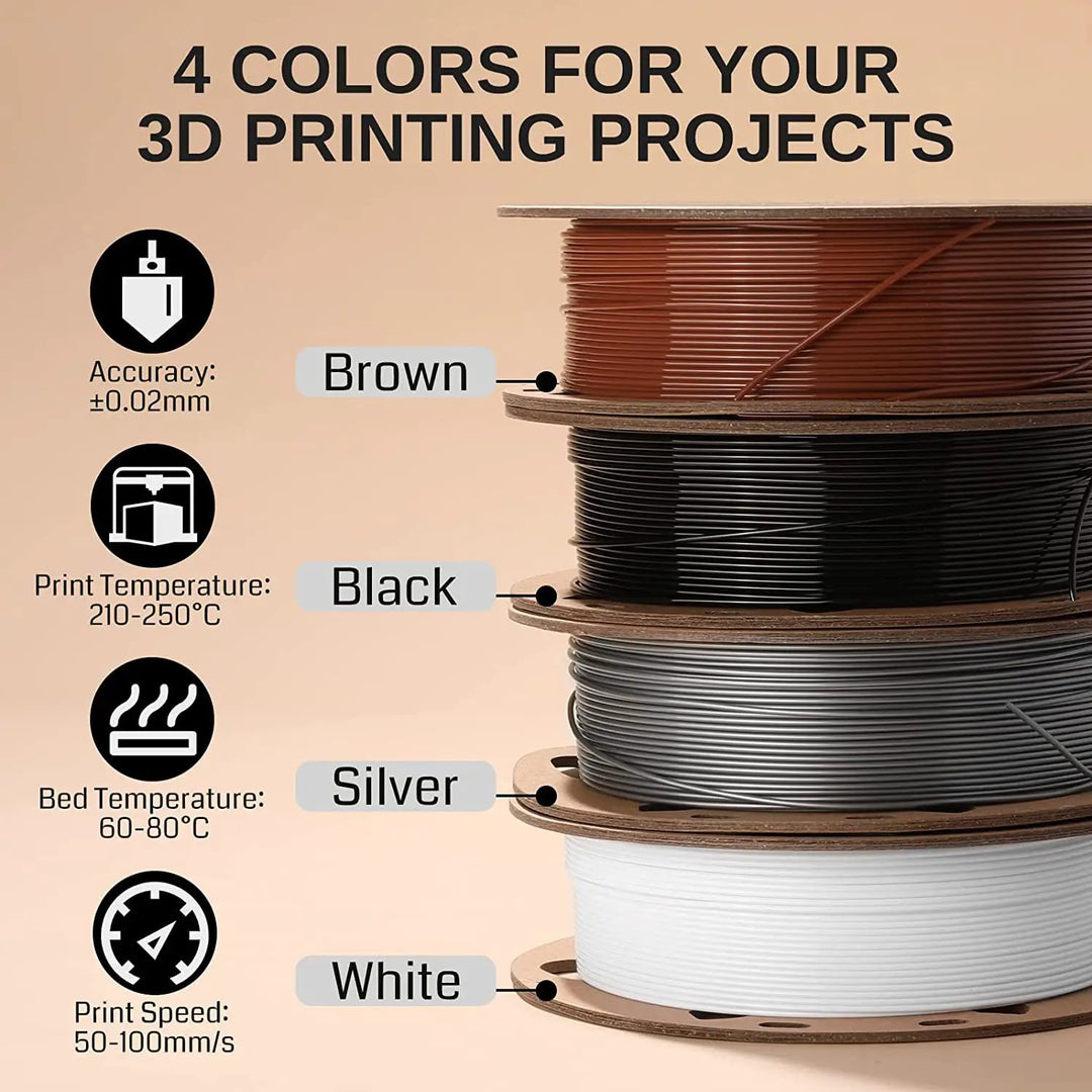 Black, White, Brown, Silver 1.75mm PRO-3 PETG Filament, 500g x 4pack by SainSmart.com