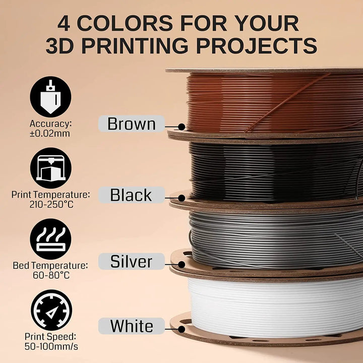 Black, White, Brown, Silver 1.75mm PRO-3 PETG Filament, 500g x 4pack by SainSmart.com