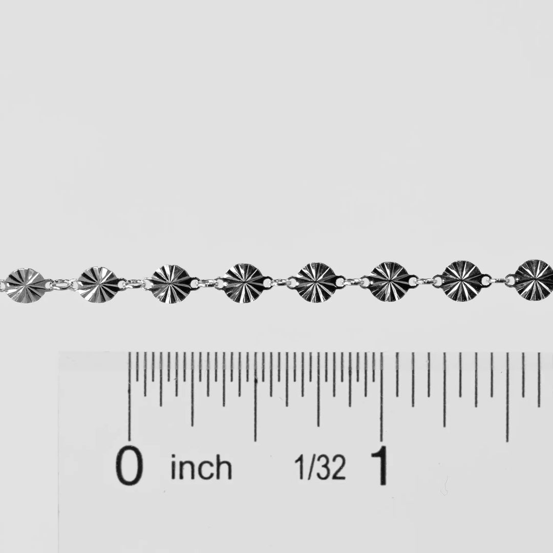 Amberly Permanent Jewelry Chain, Continuous Disks with a Starburst Design Joined with Jump Rings, Available in Gold Options and Sterling Silver by Sunstone Welders