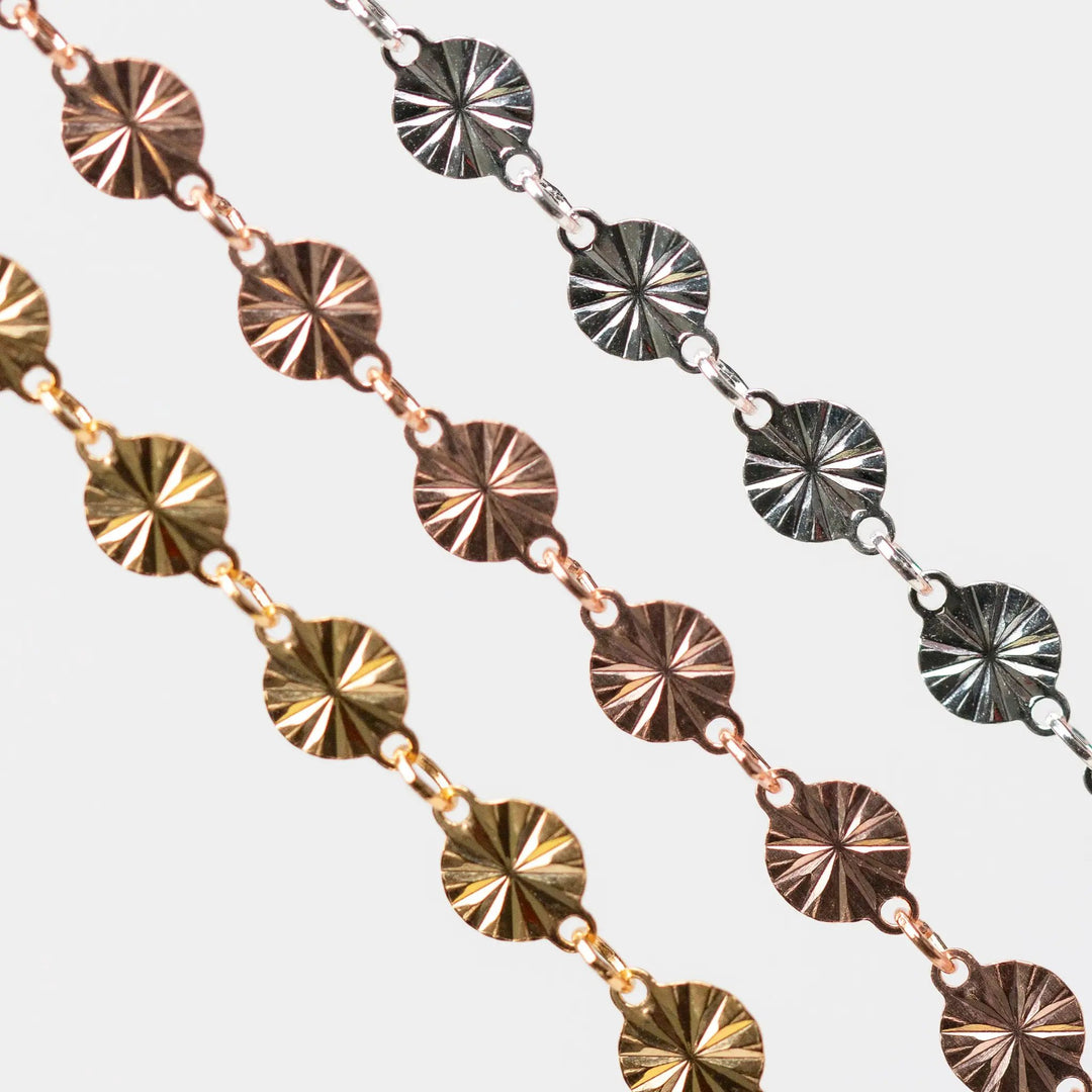 Amberly Permanent Jewelry Chain, Continuous Disks with a Starburst Design Joined with Jump Rings, Available in Gold Options and Sterling Silver by Sunstone Welders