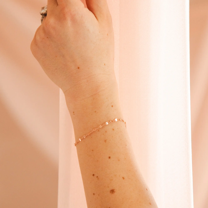 Brielle Permanent Jewelry Chain, Starburst Design, Figaro Chain, Available in Gold Options and Sterling Silver by Sunstone Welders