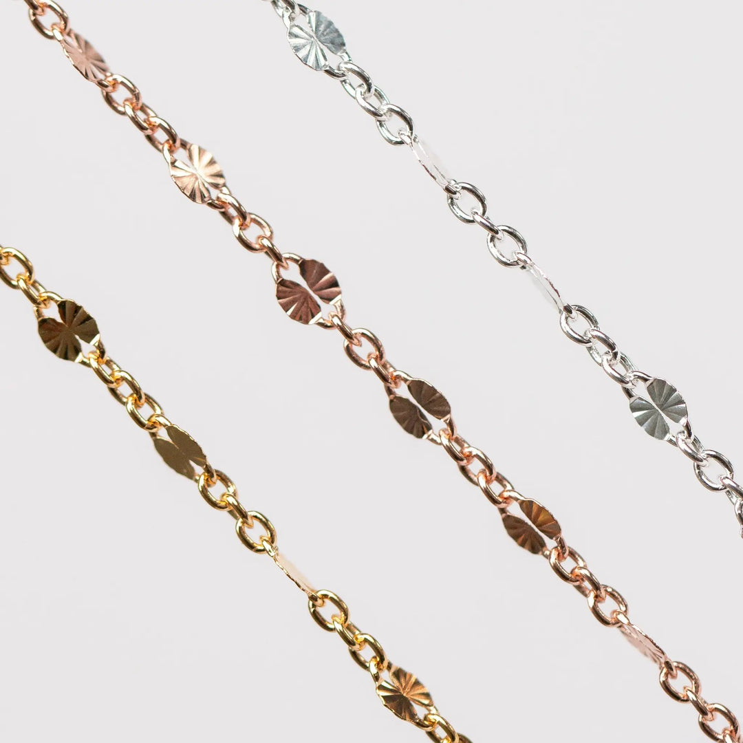 Brielle Permanent Jewelry Chain, Starburst Design, Figaro Chain, Available in Gold Options and Sterling Silver by Sunstone Welders