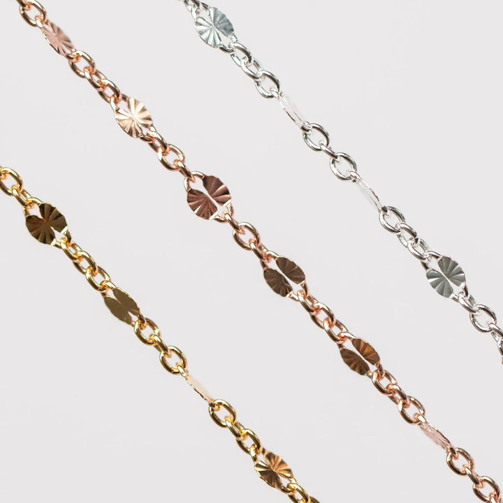 Brielle Permanent Jewelry Chain, Starburst Design, Figaro Chain, Available in Gold Options and Sterling Silver by Sunstone Welders