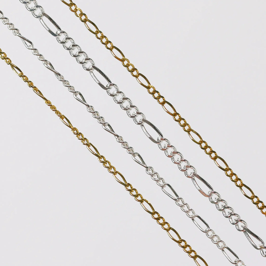 Charlie Permanent Jewelry Chain, Figaro Design, Lie Flat Links, Available in Gold Options and Sterling Silver by Sunstone Welders