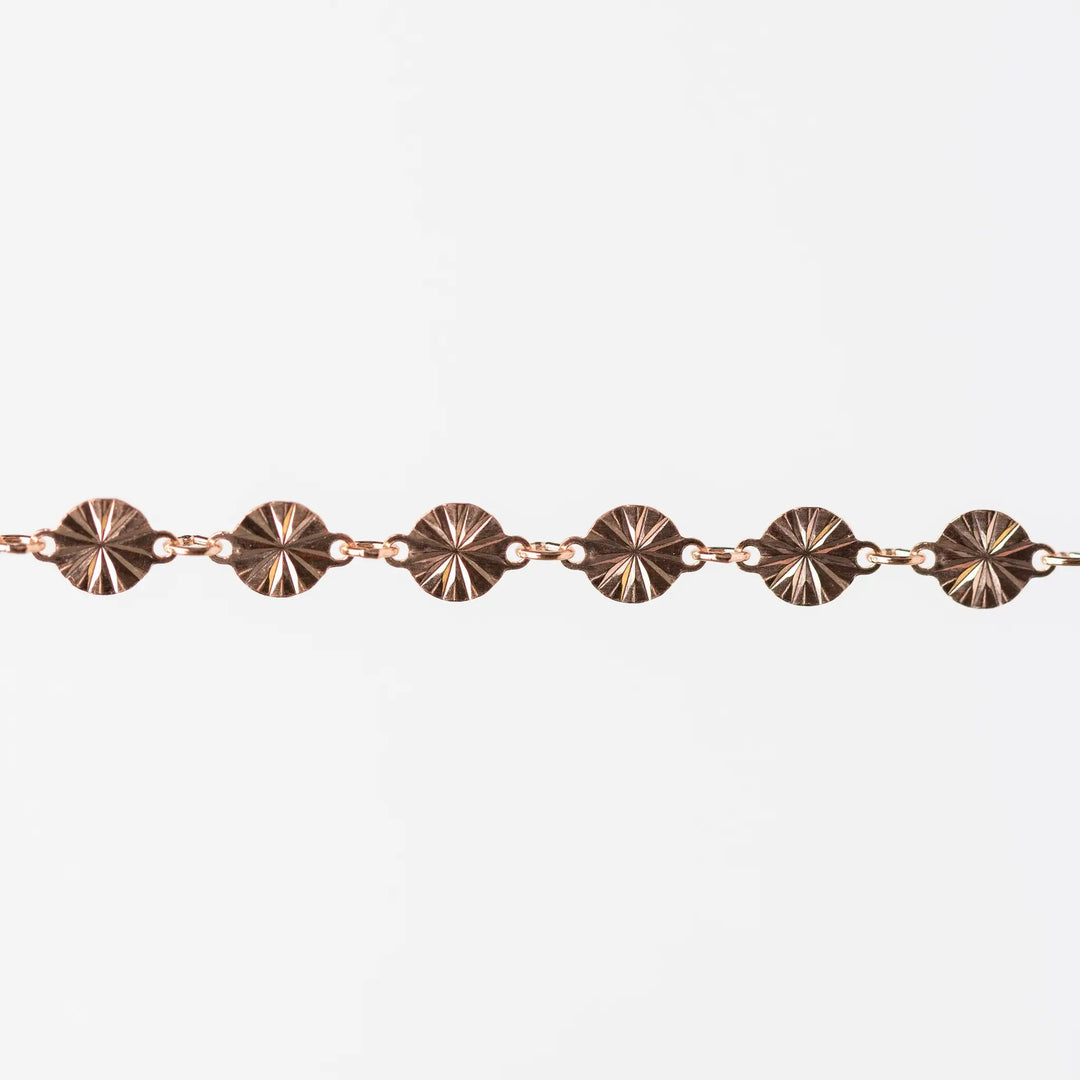 Amberly Permanent Jewelry Chain, Continuous Disks with a Starburst Design Joined with Jump Rings, Available in Gold Options and Sterling Silver by Sunstone Welders