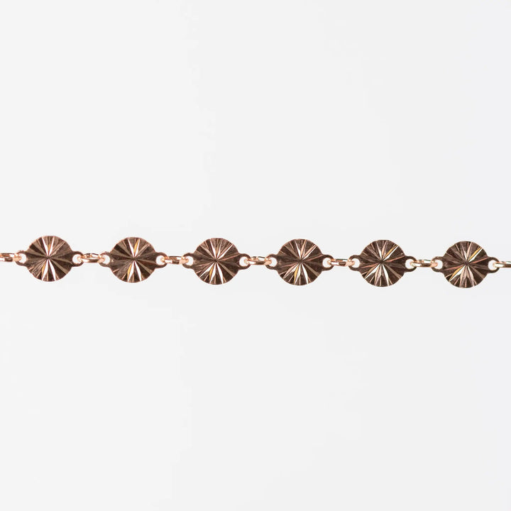 Amberly Permanent Jewelry Chain, Continuous Disks with a Starburst Design Joined with Jump Rings, Available in Gold Options and Sterling Silver by Sunstone Welders