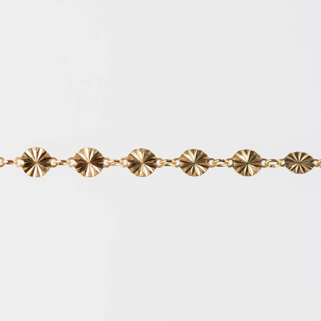Amberly Permanent Jewelry Chain, Continuous Disks with a Starburst Design Joined with Jump Rings, Available in Gold Options and Sterling Silver by Sunstone Welders