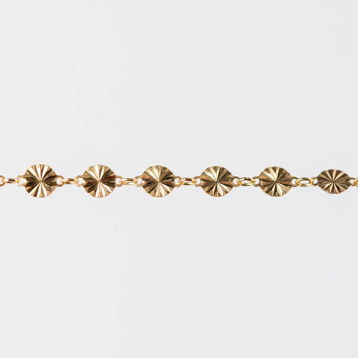 Amberly Permanent Jewelry Chain, Continuous Disks with a Starburst Design Joined with Jump Rings, Available in Gold Options and Sterling Silver by Sunstone Welders