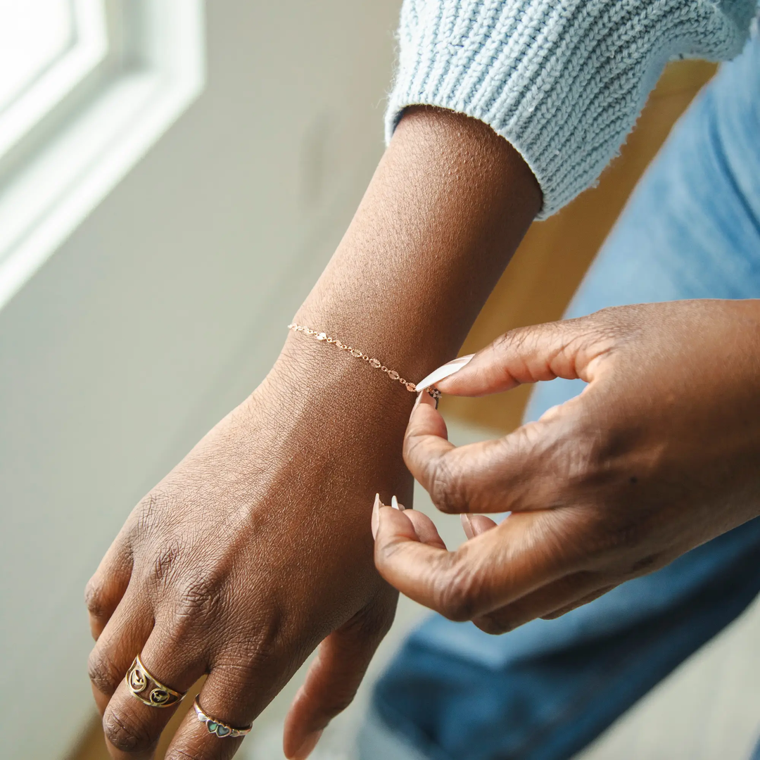 Brielle Permanent Jewelry Chain, Starburst Design, Figaro Chain, Available in Gold Options and Sterling Silver by Sunstone Welders