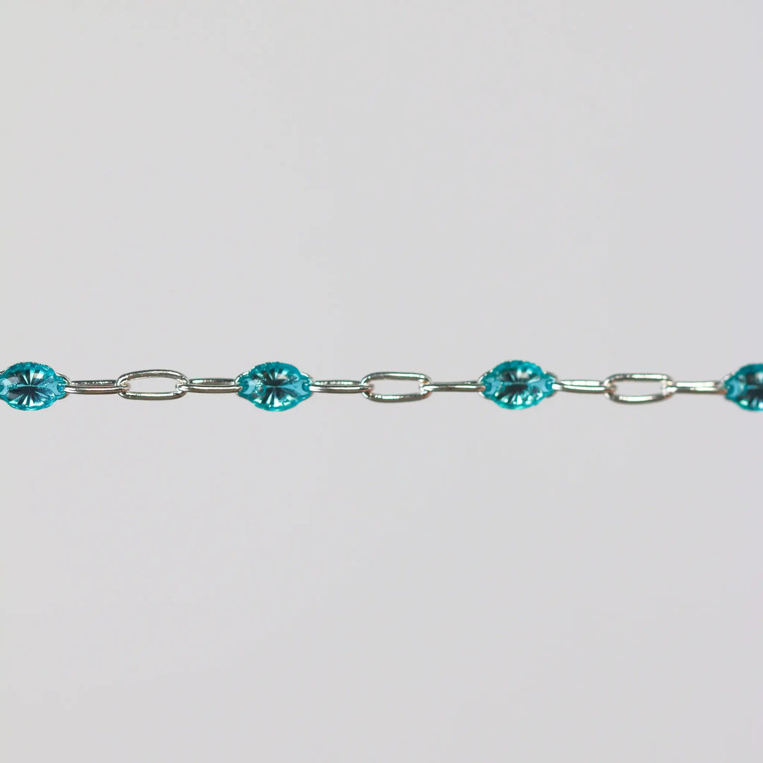 Caterina Permanent Jewelry Chain, Aquamarine Enamel Design, Cable Links, Available in Gold Filled and Sterling Silver by Sunstone Welders