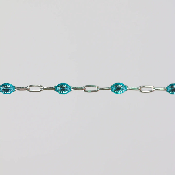 Caterina Permanent Jewelry Chain, Aquamarine Enamel Design, Cable Links, Available in Gold Filled and Sterling Silver by Sunstone Welders