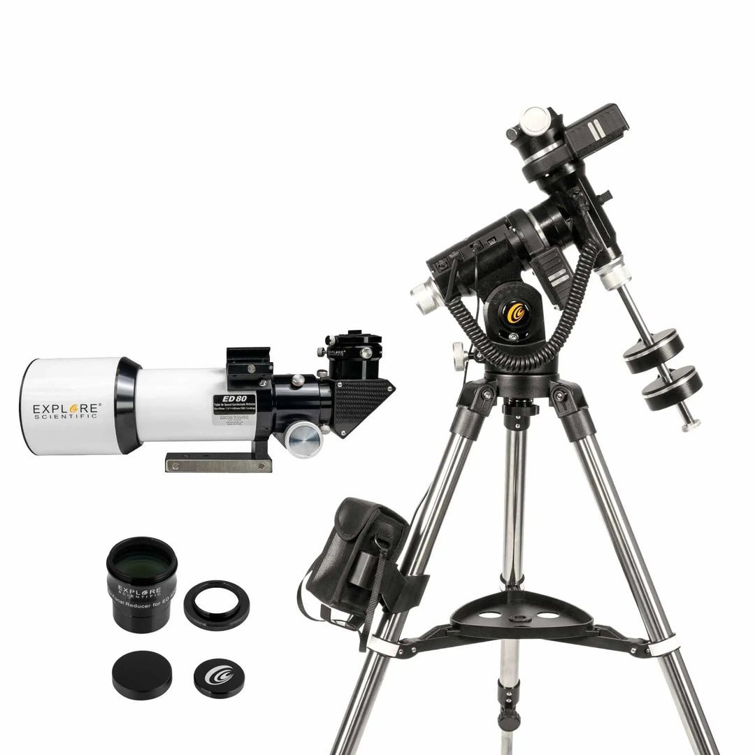 ED80 Essential Series Air-Spaced Triplet Refractor Telescope with 0.8x Focal Reducer and iEXOS-100-2 PMC-Eight Equatorial Tracker System by Explore Scientific
