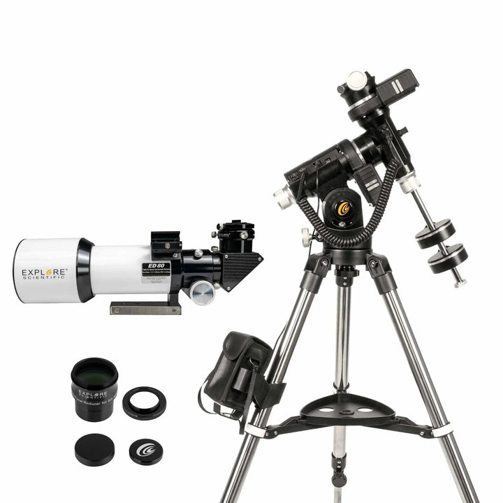 ED80 Essential Series Air-Spaced Triplet Refractor Telescope with 0.8x Focal Reducer and iEXOS-100-2 PMC-Eight Equatorial Tracker System by Explore Scientific