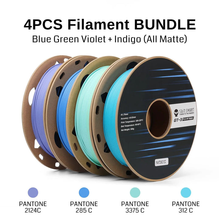 GT-3 High Speed Four-Color Bundle Matte PLA Filament, 1.75mm 500g X 4 Spools, 4.4lbs (2kg) Blue, Green, Violet, Indigo by SainSmart.com