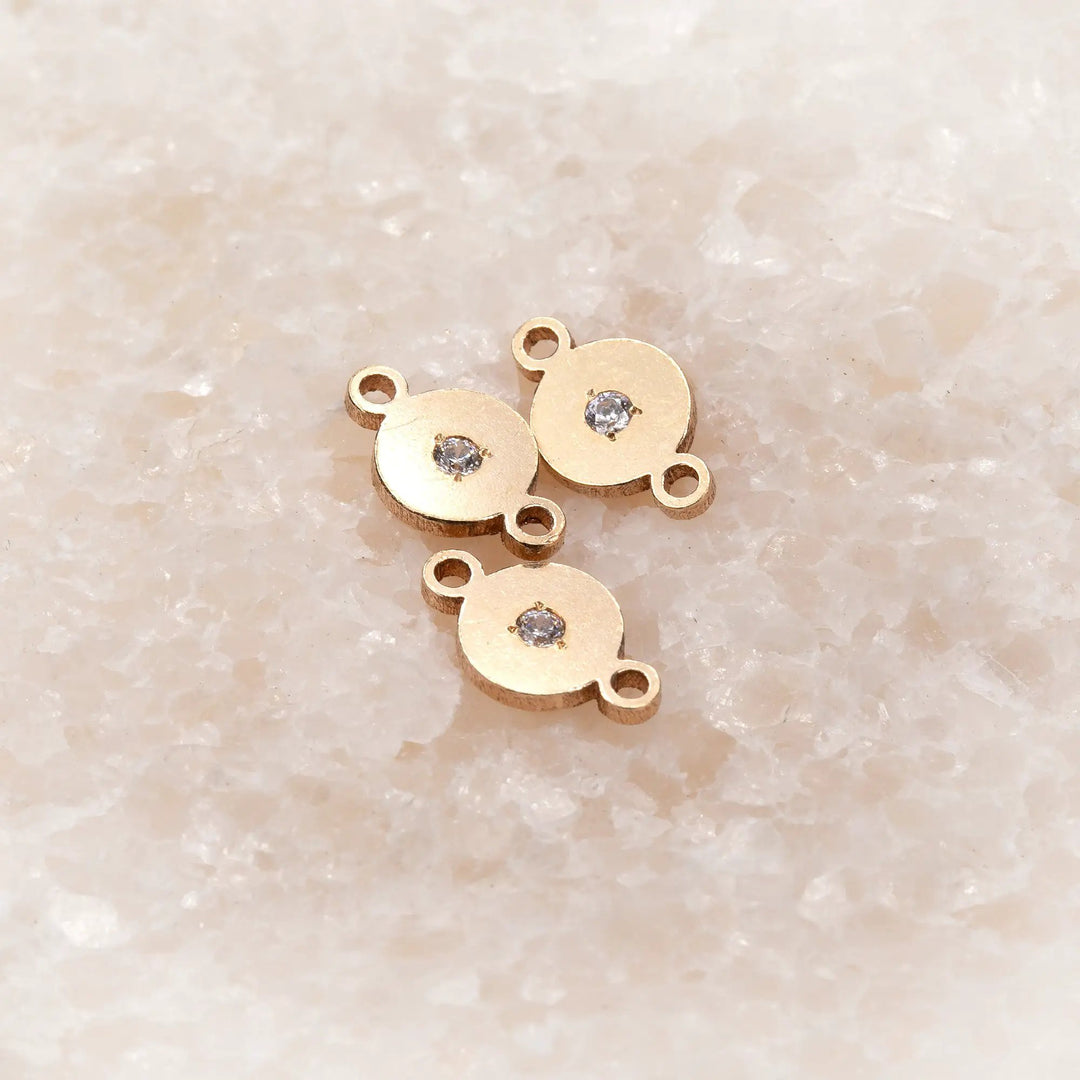 Round Disc Connector | 14K Gold Filled Yellow | 8.4mm | White Gemstone | 4pk by Sunstone Welders