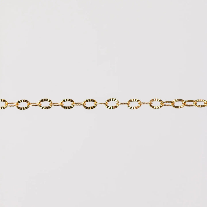 Kate Permanent Jewelry Chain, Cable Design, Hammered Starburst Oval Links, Available in Gold Filled and Silver by Sunstone Welders