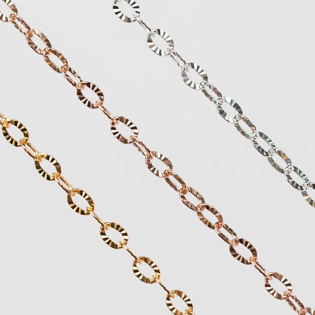 Kate Permanent Jewelry Chain, Cable Design, Hammered Starburst Oval Links, Available in Gold Filled and Silver by Sunstone Welders