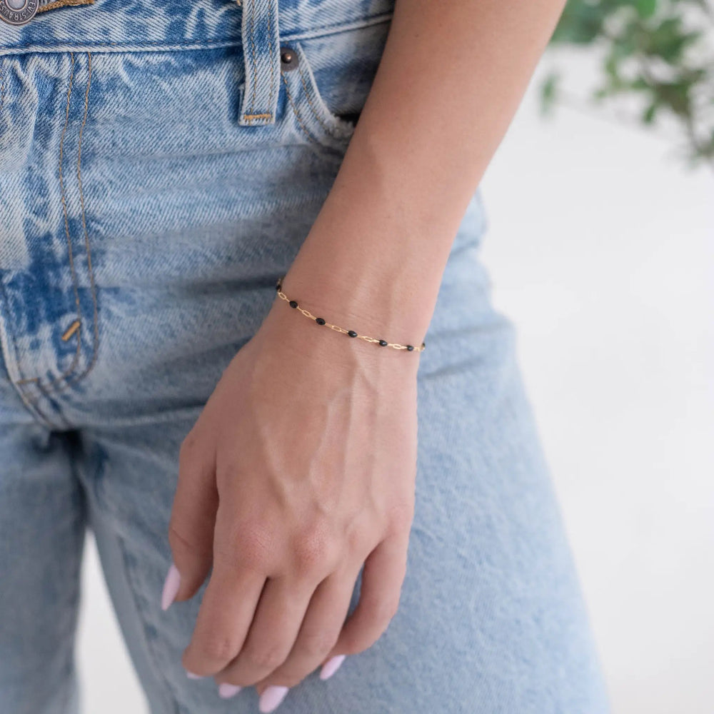 Ilaria Permanent Jewelry Chain, Black Enamel Design, Cable Links, Available in Gold Filled and Sterling Silver by Sunstone Welders