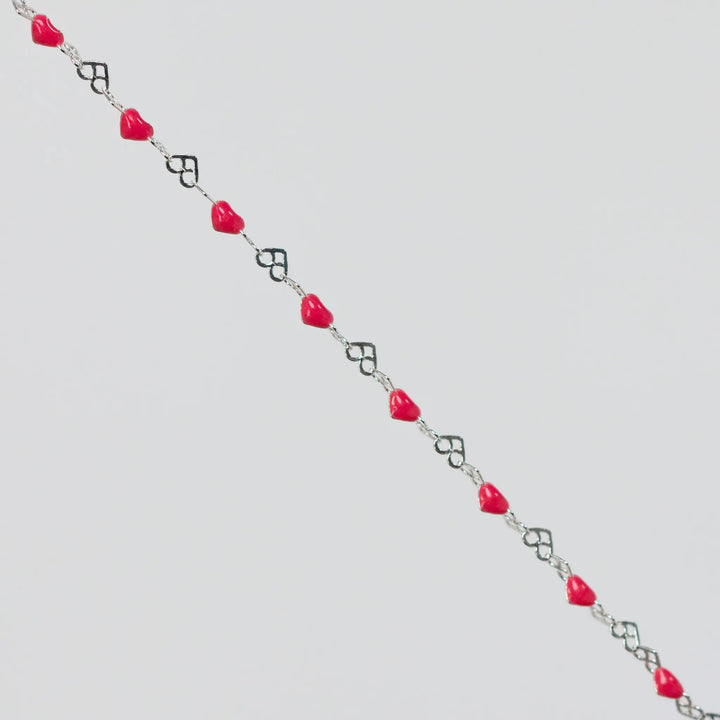 Natalie Permanent Jewelry Chain, Heart Links with Dark Rose Enamel, Available in Sterling Silver by Sunstone Welders