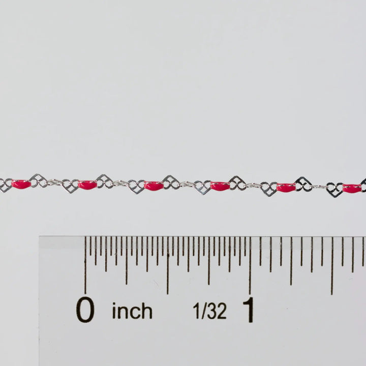 Natalie Permanent Jewelry Chain, Heart Links with Dark Rose Enamel, Available in Sterling Silver by Sunstone Welders