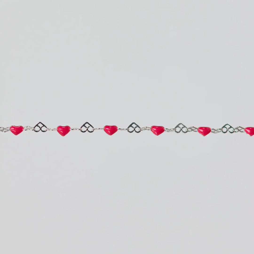 Natalie Permanent Jewelry Chain, Heart Links with Dark Rose Enamel, Available in Sterling Silver by Sunstone Welders