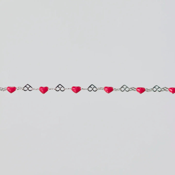 Natalie Permanent Jewelry Chain, Heart Links with Dark Rose Enamel, Available in Sterling Silver by Sunstone Welders