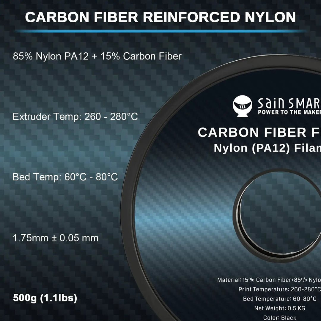 ePA12-CF 1.75mm Carbon Fiber Nylon Filament, 0.5kg, Accuracy +/- 0.05 mm, Black by SainSmart.com