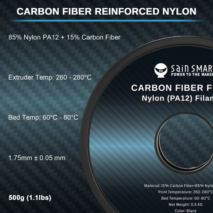 ePA12-CF 1.75mm Carbon Fiber Nylon Filament, 0.5kg, Accuracy +/- 0.05 mm, Black by SainSmart.com