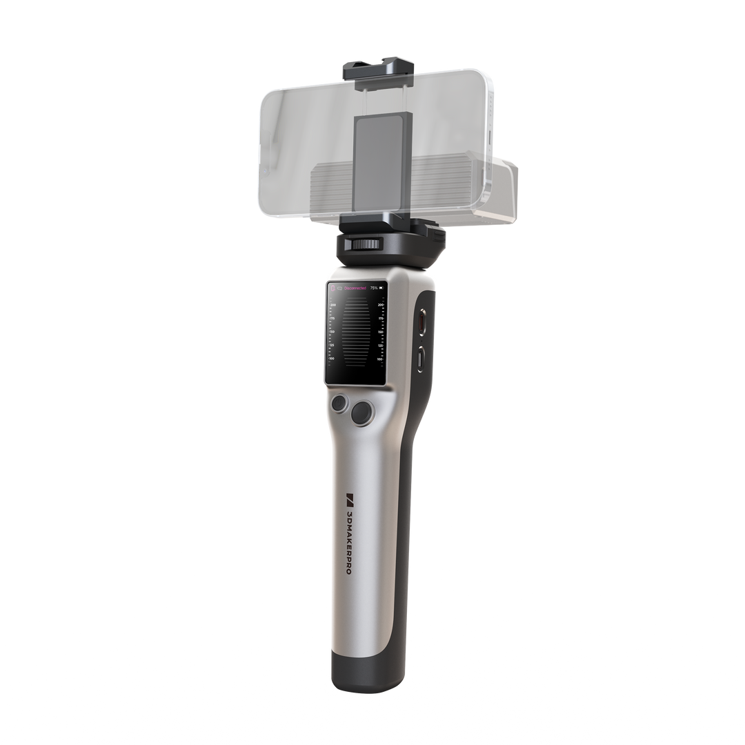 3DMakerpro Smart Grip handle accessory attached to Seal 3D scanner for handheld scanning