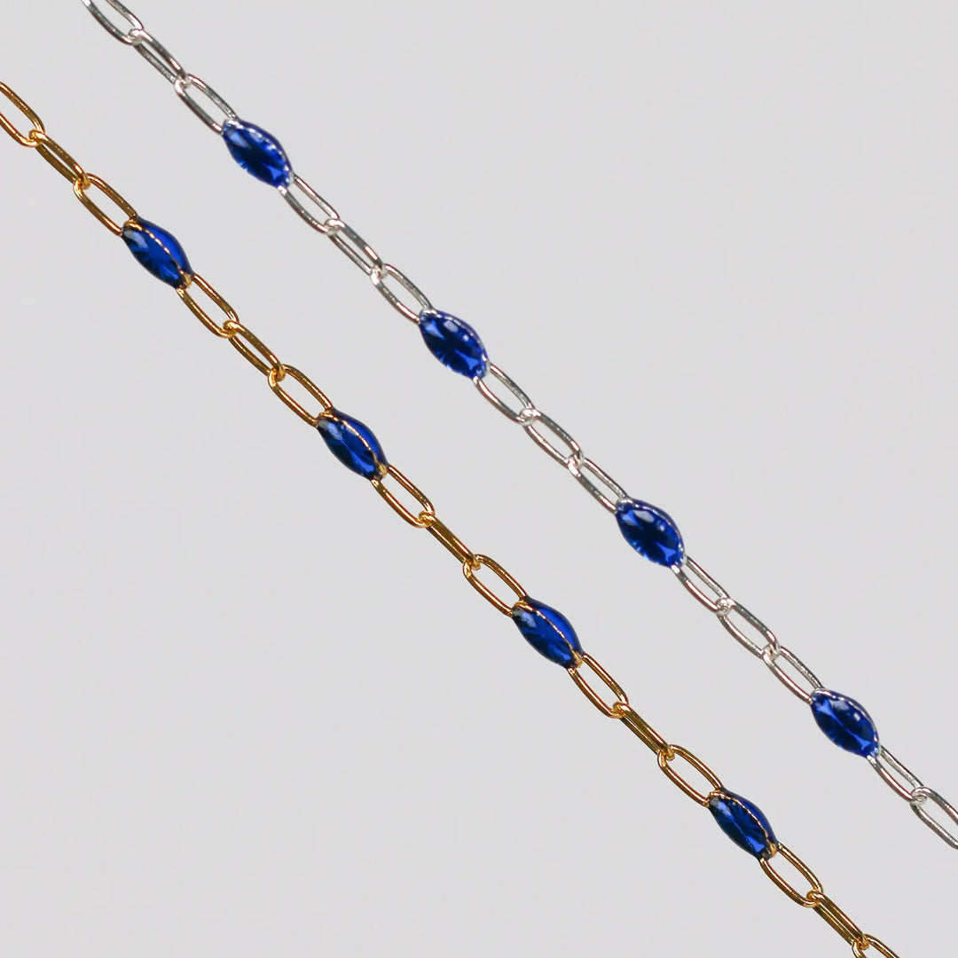 Fabiana Permanent Jewelry Chain, Blue Enamel Design, Cable Links, Available in Gold Filled and Sterling Silver by Sunstone Welders