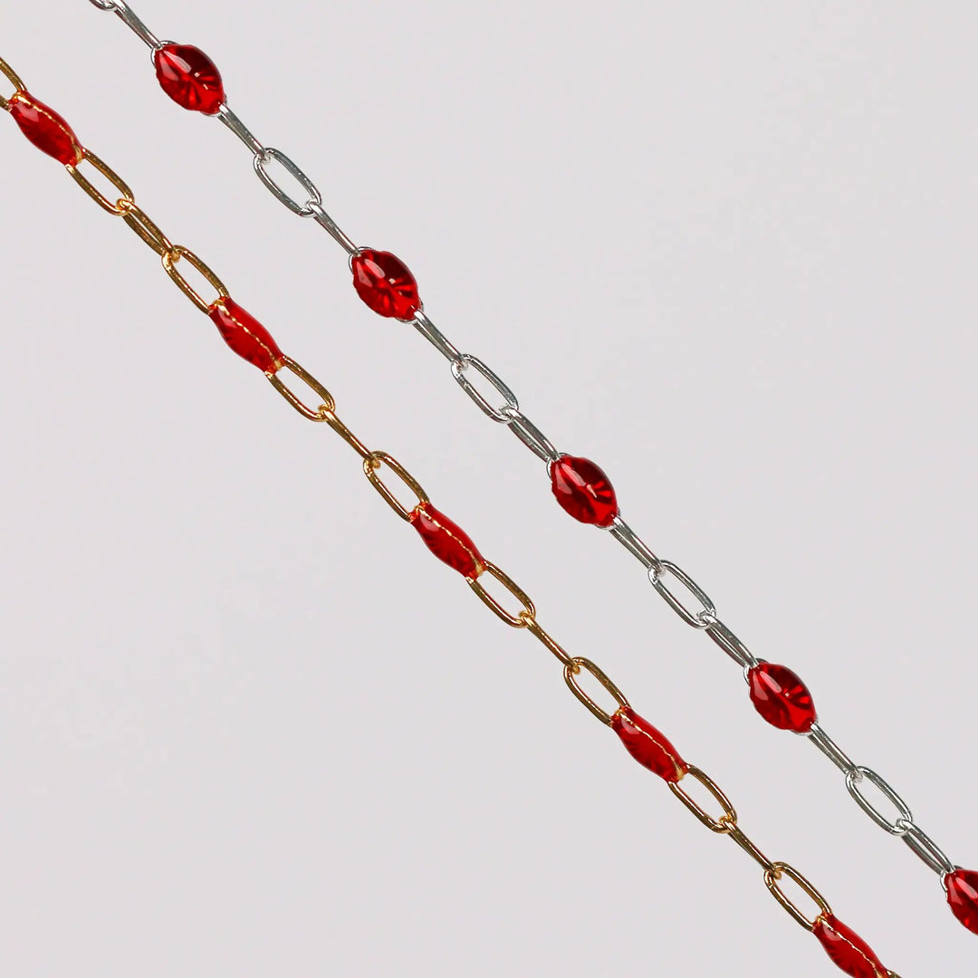 Irena Permanent Jewelry Chain, Red Enamel Design, Cable Links, Available in Gold Filled and Sterling Silver by Sunstone Welders