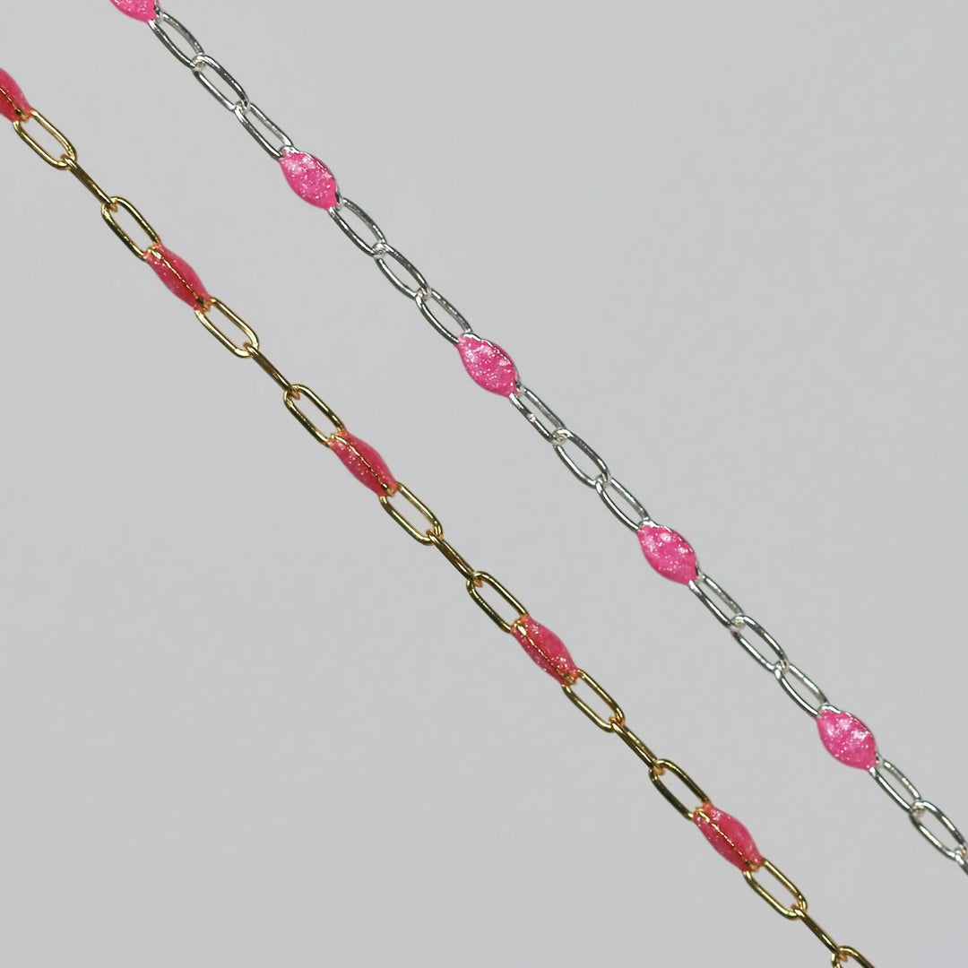 Lavinia Permanent Jewelry Chain, Pink Enamel Design, Cable Links, Available in Gold Filled and Sterling Silver by Sunstone Welders