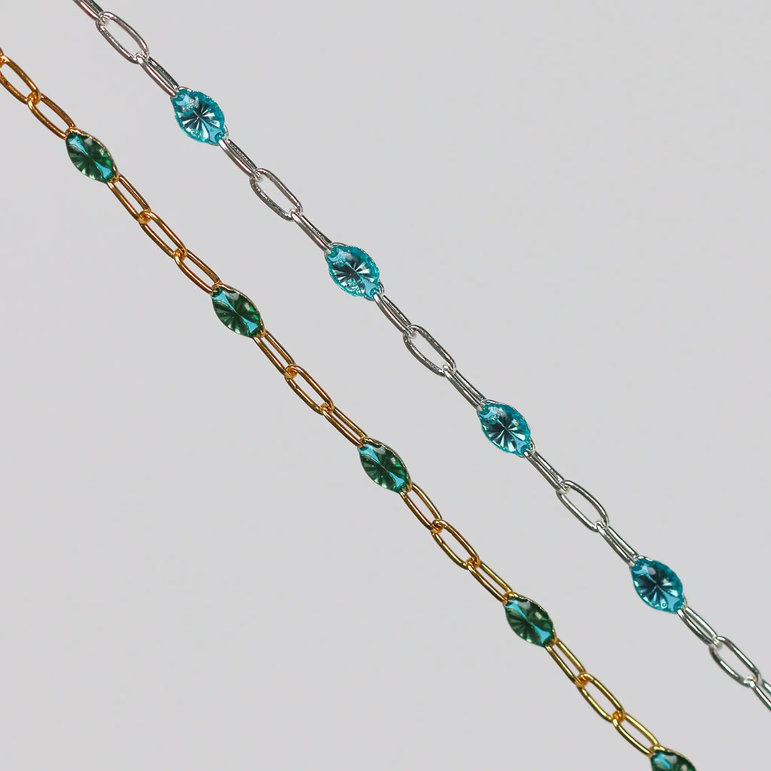 Caterina Permanent Jewelry Chain, Aquamarine Enamel Design, Cable Links, Available in Gold Filled and Sterling Silver by Sunstone Welders