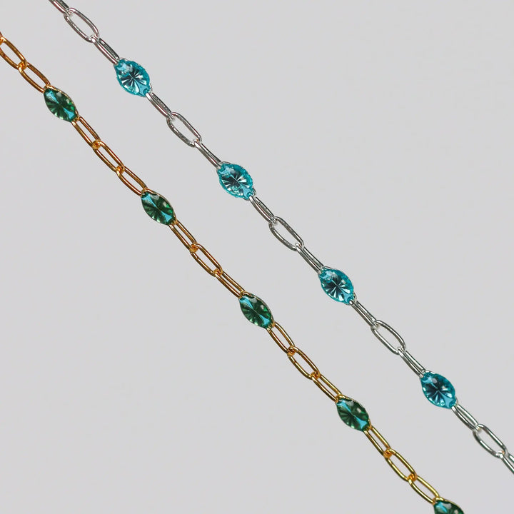 Caterina Permanent Jewelry Chain, Aquamarine Enamel Design, Cable Links, Available in Gold Filled and Sterling Silver by Sunstone Welders