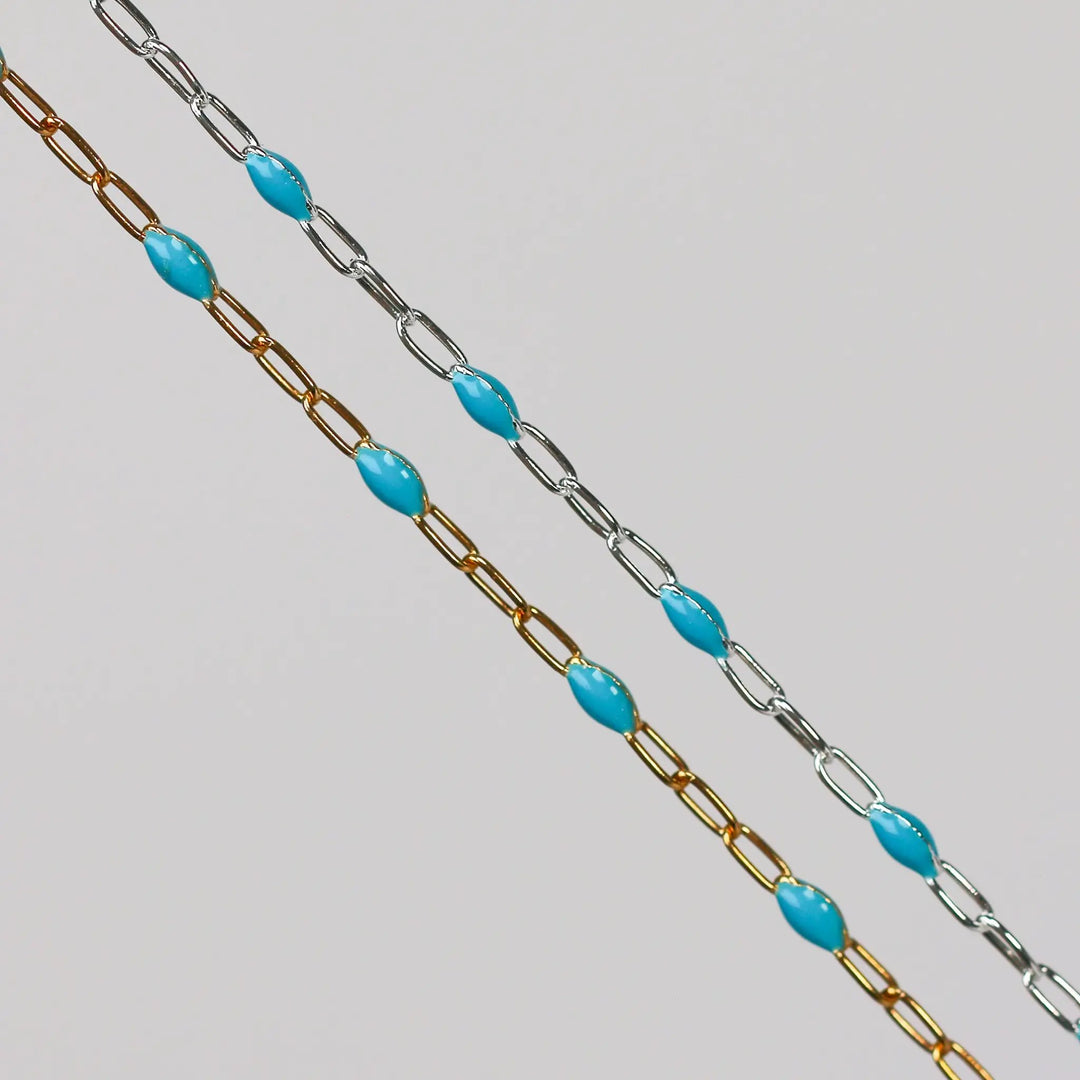 Nadia Permanent Jewelry Chain, Turquoise Enamel Design, Cable Links, Available in Gold Filled and Sterling Silver by Sunstone Welders