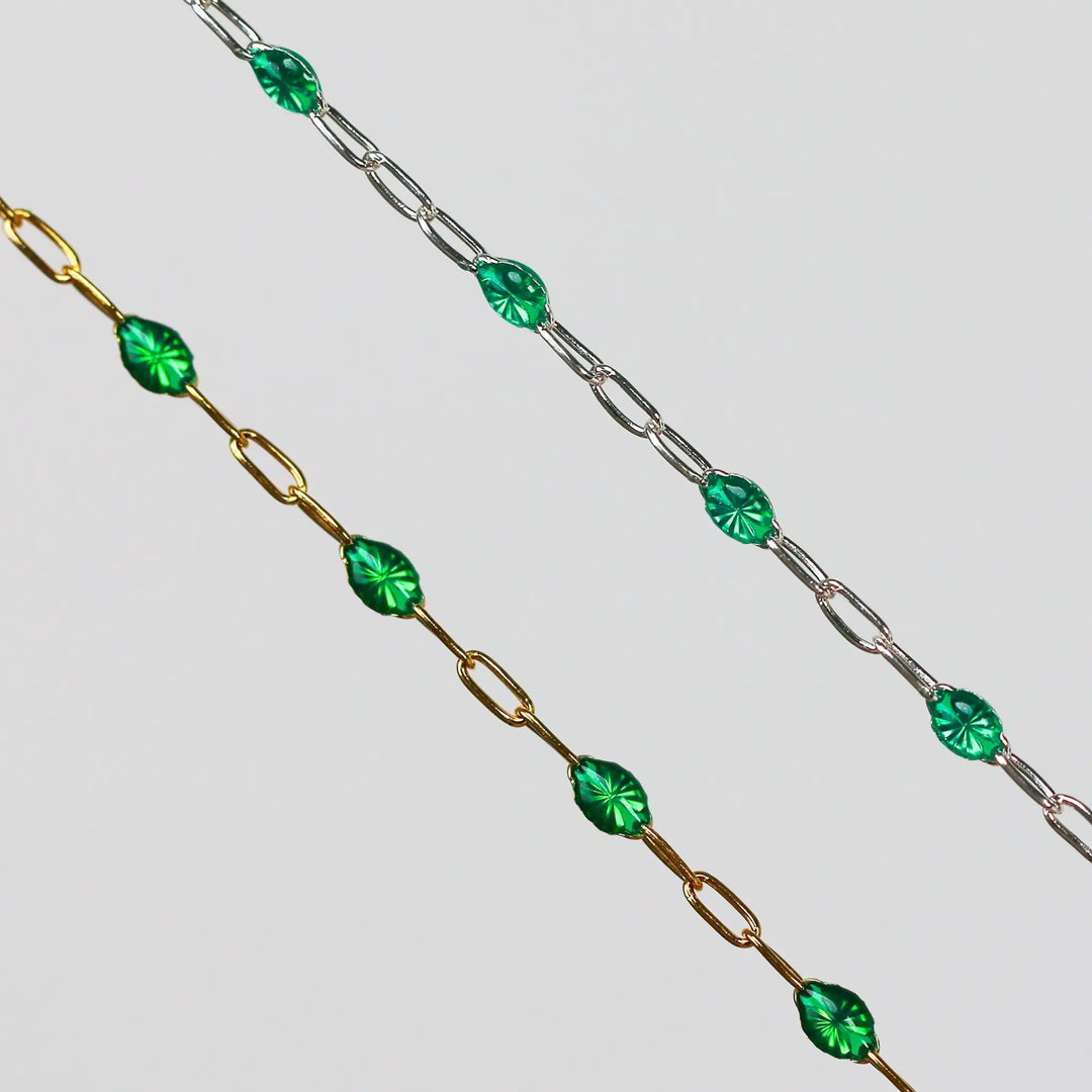 Esmerelda Permanent Jewelry Chain, Emerald Green Enamel Design, Cable Links, Available in Gold Filled and Sterling Silver by Sunstone Welders