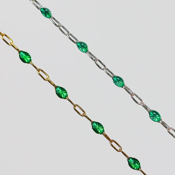 Esmerelda Permanent Jewelry Chain, Emerald Green Enamel Design, Cable Links, Available in Gold Filled and Sterling Silver by Sunstone Welders
