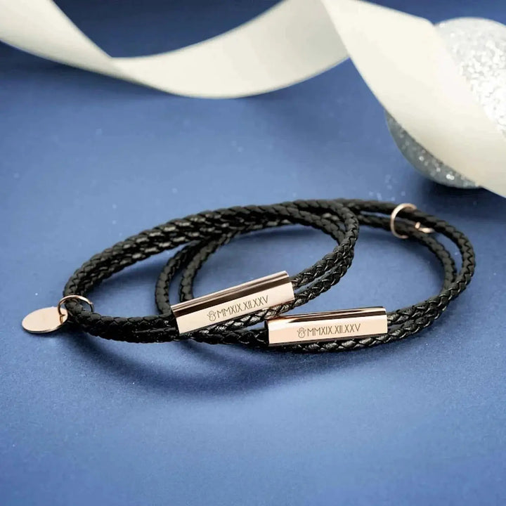 Braided Leather Bracelet with Stainless Steel Rod (2pcs) by LaserPecker