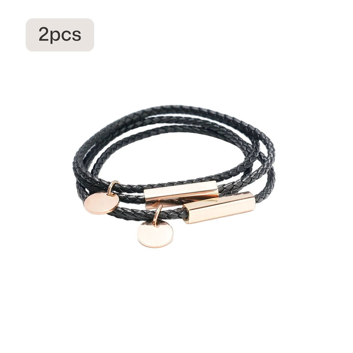 Braided Leather Bracelet with Stainless Steel Rod (2pcs) by LaserPecker