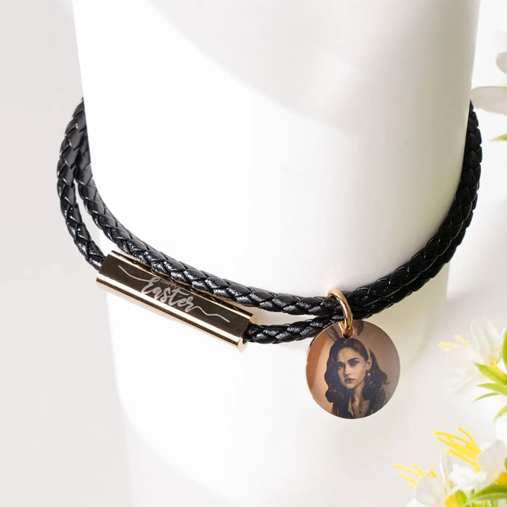 Braided Leather Bracelet with Stainless Steel Rod (2pcs) by LaserPecker